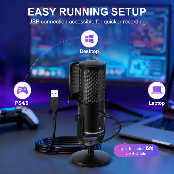 ALILYY Microphone for PC,Gaming USB Microphone for PC/Laptop/PS4/5 with Quick Mute & Pop Filter,RGB Microphone for Streaming, Podcast, Studio Recording,Black