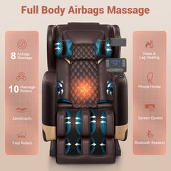 Zero Gravity Massage Chair Full Body with 10 Rollers, Soothing Heat, Deep Foot Kneader & Bluetooth Speakers, Brown