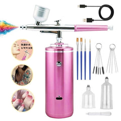 ALILYY airbrush kit, including compressor, automatic handheld airbrush, 0.3mm nozzle, rechargeable, portable airbrush, suitable for various scenarios, pink.