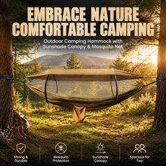 ALILYY Camping Hammock, 4 in 1 Portable Hammock Tent, 2 Person Pop-up Hammock with Mosquito Net & Sunshade Cloth & Tree Straps, 550lbs Max Load Heavy Duty Tree Hammock for Outdoor Camping