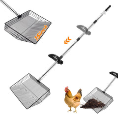 ALILYY Chicken Poop Scooper 15" Large Chicken Scooper with Grip, Detachable Chicken Scooper for Poop Shovel (37 to 64"), Stainless Steel Sifting Shovel for Chicken Coop/Goat Stall/Stable, Silver