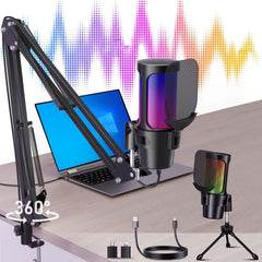 ALILYY Gaming USB Microphone,Noise Cancellation Condenser mic with Boom Arm,Mute, Gain, Monitoring, Gaming Microphone for Phone,PC,Computer,PS4,PS5,Mac,Streaming,Podcast,Twit