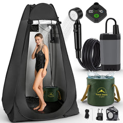 ALILYY Camping Shower with tent, 6000mAh Rechargeable Shower Pump, Large Capacity Foldable Bucket, Beach, Outdoor Camp Showering,Black