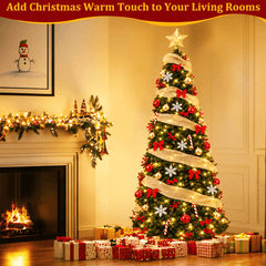 6FT Pre Lit Pop Up Christmas Tree,Pre-Decorated Artificial Tree,Gold Surround Ribbon,Easy Assemble Collapsible Xmas Trees for Holiday Party Decoration