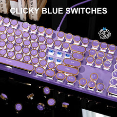 MageGee Retro Typewriter Mechanical Gaming Keyboard, 104-Key Wired USB, Blue Switches, RGB Rainbow Backlit, Purple